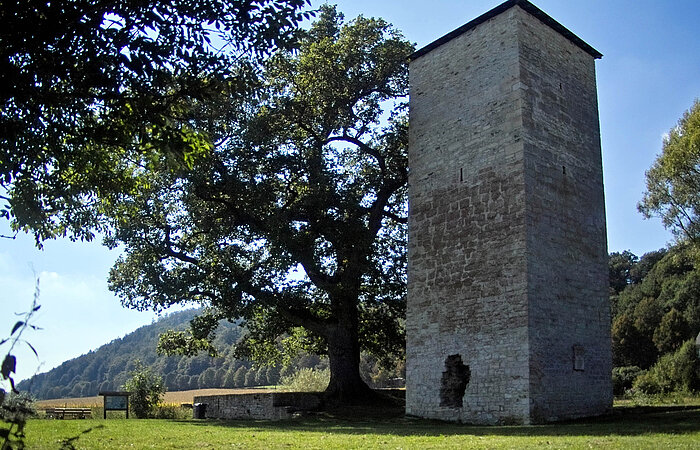 Bergfried der einstigen Wasserburg in Rieshofen