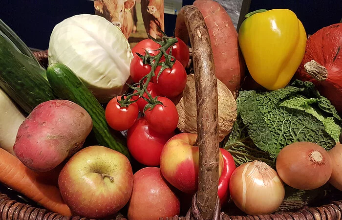Korb mit verschiedenen Obst- und Gemüsearten