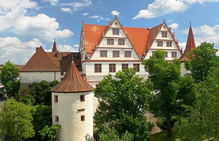Panoramablick auf das Schloss Ratibor mit seinen Türmen und grünen Bäumen in Roth.