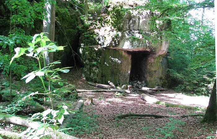 Das Zigeunerloch ist ein mächtiges, bizarres Felsgebilde mitten in einem dichten Buchenwald.