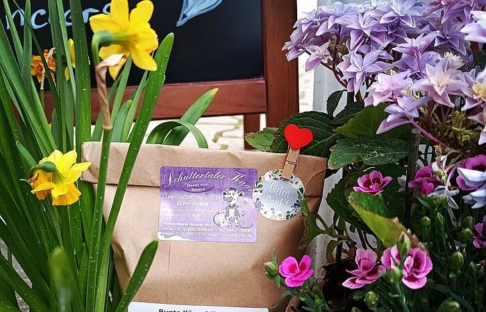 In der Mitte des Bildes steht eine braune Papiertüte mit einem weißen Produktaufkleber "Bunte Käsemischung", darüber der lila Aufkleber der Schuttertaler Hofmolkerei. Rechts und links säumen zwei Blumentröge die Tüte. Rechts mit lila und pinken Blumen, links mit drei gelben Narzissen.