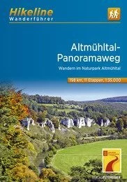 Der Hikeline-Wanderführer zeigt die Felsformation 12 Apostel bei Solnhofen und das Logo des Altmühltal-Panoramaweges.