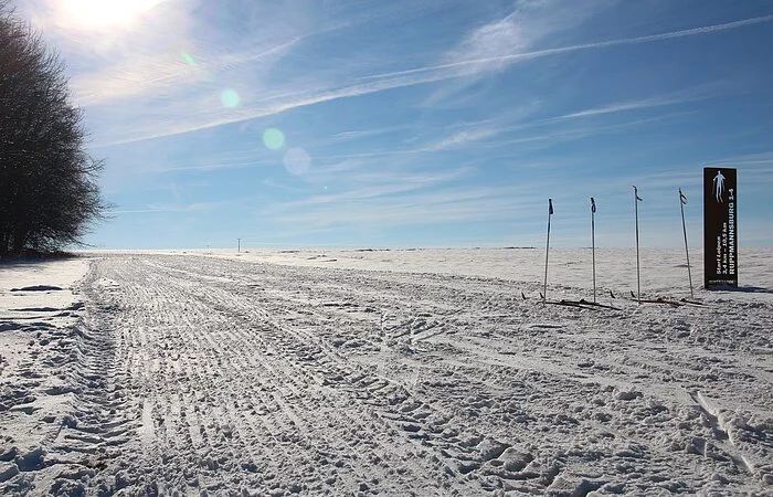Am Waldrand führt durch die Schnee bedeckte Landschaft mit herrlichem Sonnenschein eine gespurte Langlaufloipe.