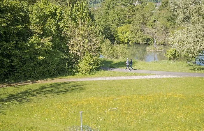 Drahtskulptur in gemähten Kreis seht im Vordergrund. Im Hintergrund sind 2 Personen und die Altmühl sichtbar.