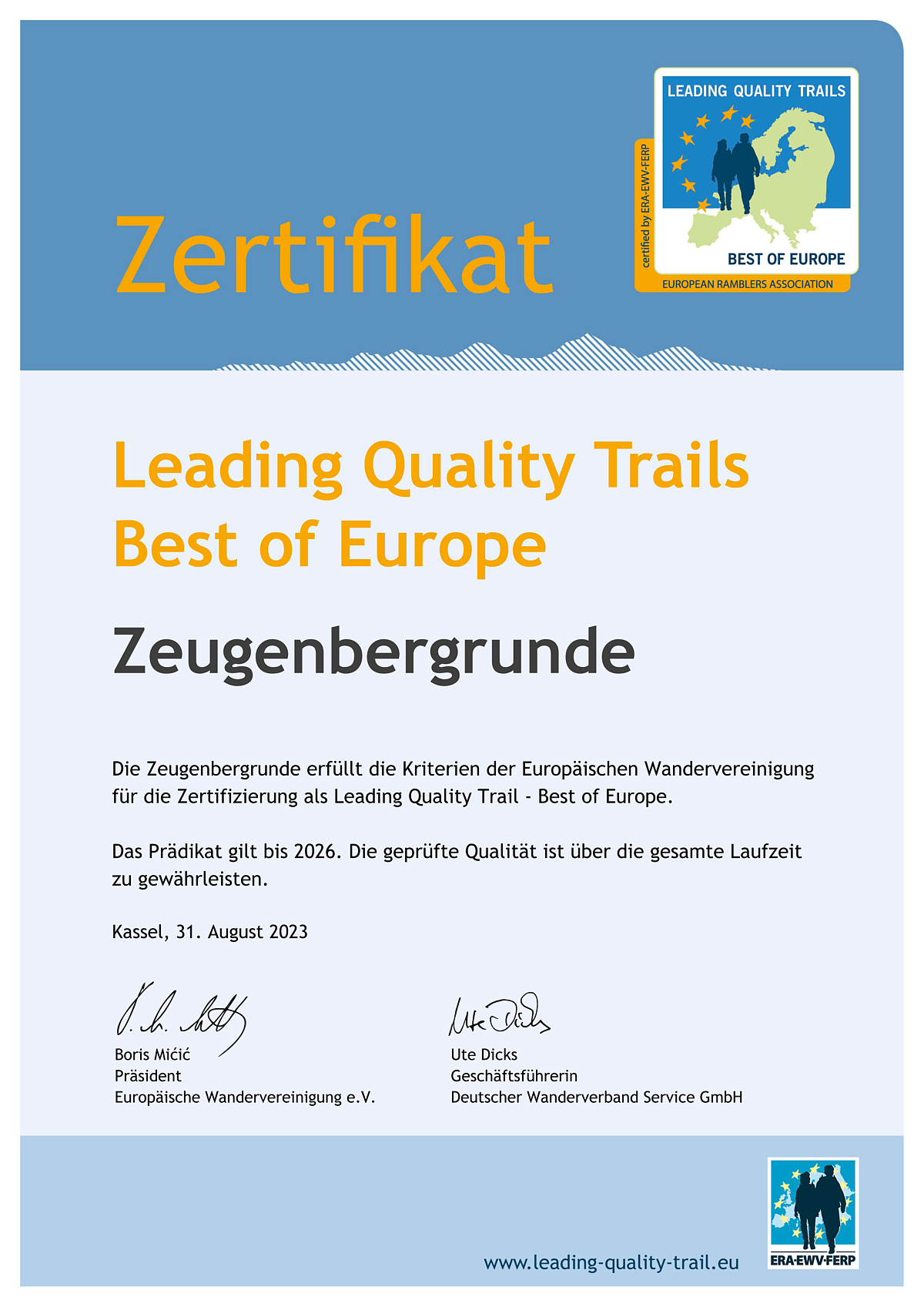 Zertifikat Leading Quality Trails Best of Europe - Zeugenbergrunde - bis 2026