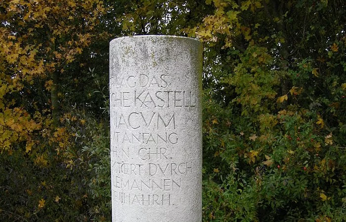 Eine Steinsäule mit lateinischer Aufschrift. Im Hintergund Sträucher.