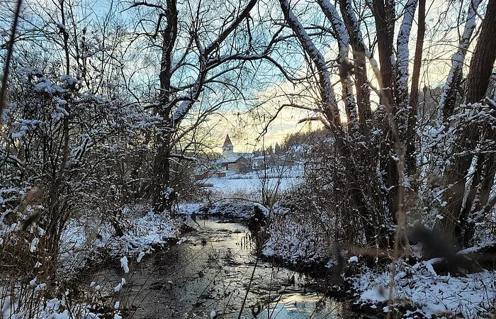 Links und Rechts Schnee bedeckte Bäume in mitten durch die Altmühl fließt und im Hintergrund Häuser und eine Kirche.