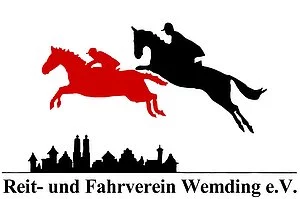 Das Logo des Reit- und Fahrvereins Wemding e.V. - zwei über die Umrisse von Wemding springende Pferde mit Reiter