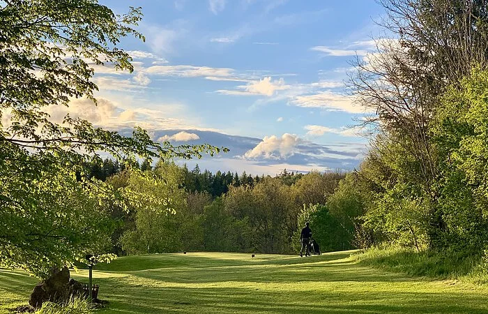 Blick auf einen Golfplatz. Eine flache grüne Wiese. Links und rechts Bäume und Sträucher. Ein Golfer mit Golftasche läuft über den Platz.