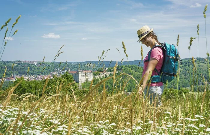 Eine Wanderin im pinken Shirt mit Strohhut und Wanderrucksack ist auf dem Altmühltal-Panoramaweg unterwegs. Gegenüber trohnt die Willibaldsburg umgeben von Häusern und Wäldern.