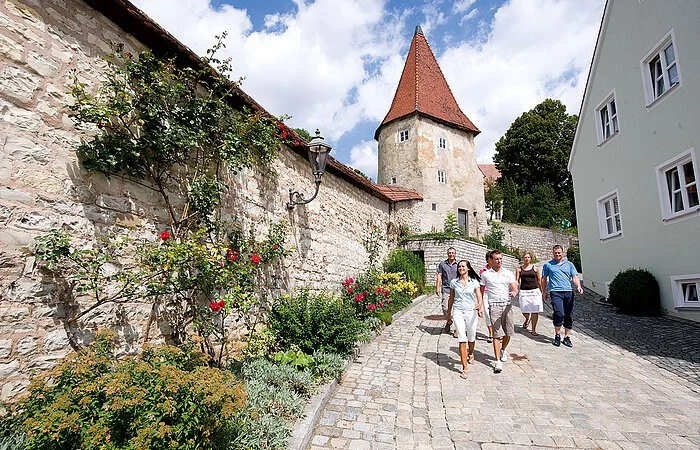 Gruppe spaziert entlang der Stadtmauer Greding