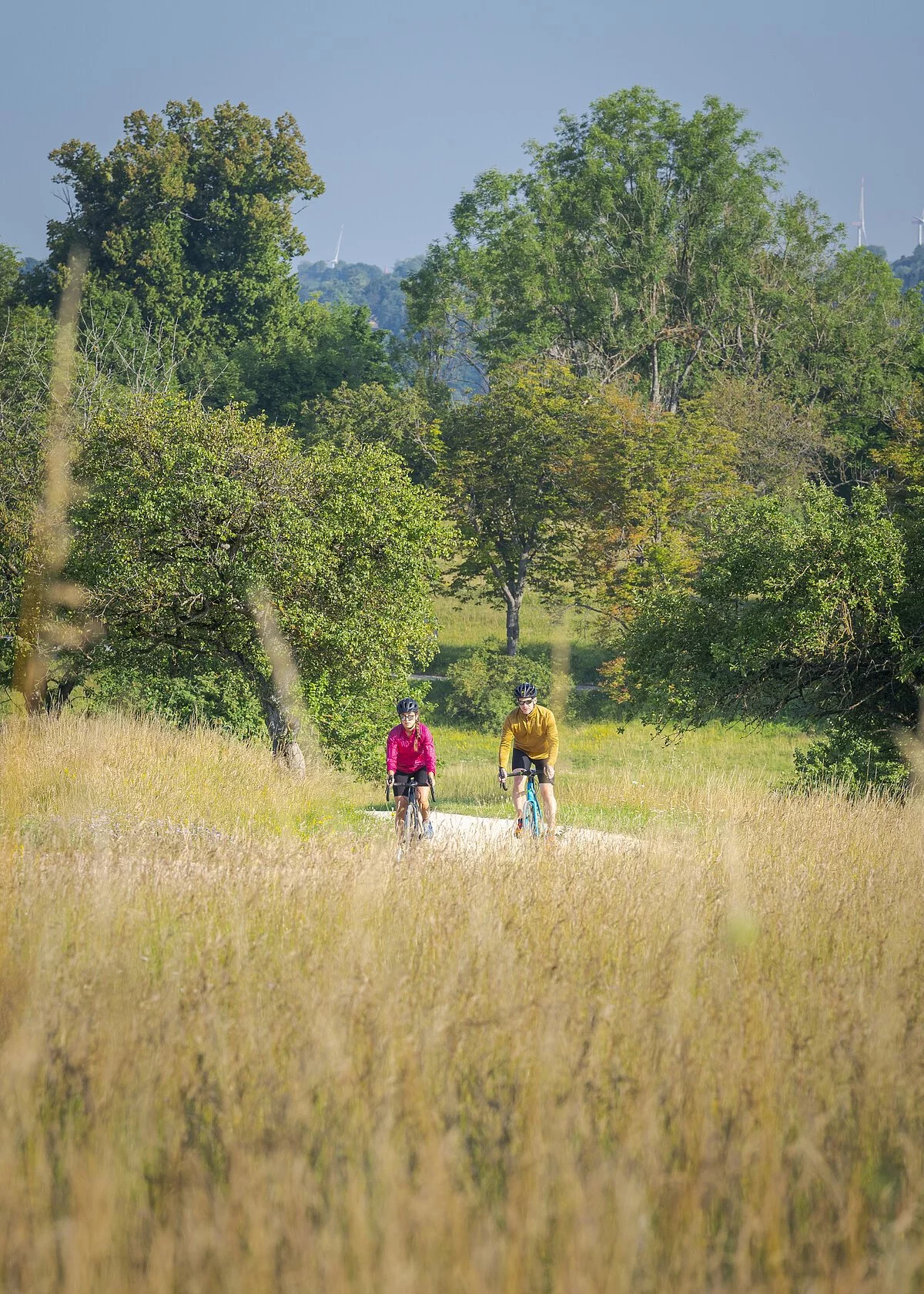 Graveln auf dem Frauenberg Eine Frau in rot und ein Mann in Ocker, beide mit Gravelbikes auf einem Radweg inmitten Wiesen und Felder unterwegs. Hinter ihnen ein Wald und strahlend blauer Himmel.