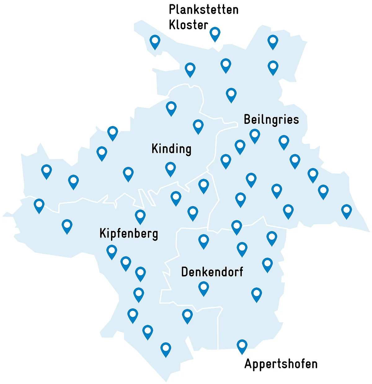 Die Karte zeigt die Orte des Fahrtgebietes des Flexibusses 1: Kloster Plankstetten, Beilngries, Kinding, Kipfenberg, Denkendorf und Appertshofen sowie per Marker alle weiteren Haltepunkte
