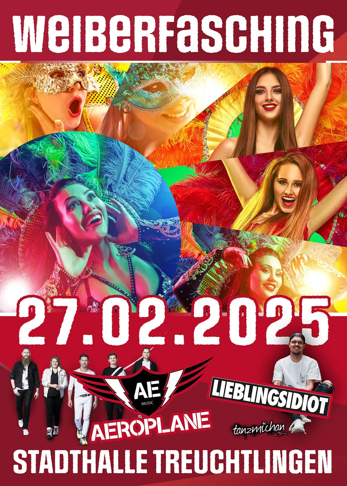 Auf dem Bild ist das Werbeplakat der KG Treuchtlingen für die Veranstaltung Weiberfasching zu sehen. Diese Veranstaltung findet am 27.02.2025 in der Stadthalle Treuchtlingen mit dem DJ Lieblingsidiot und der Band Aeroplane statt.