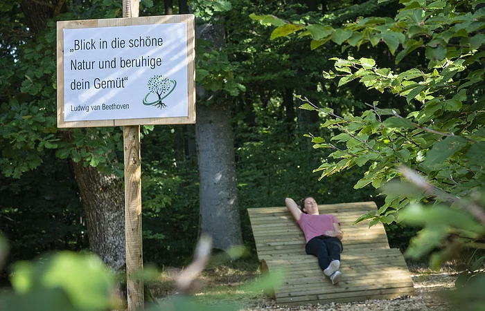 Eine Frau liegt auf einer Holzliege beim Waldbaden.