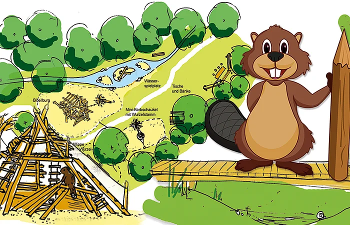 Biber hält einen Bleistift, rechts ist eine Biberburg als Spielgerät zum Klettern dargestellt.
