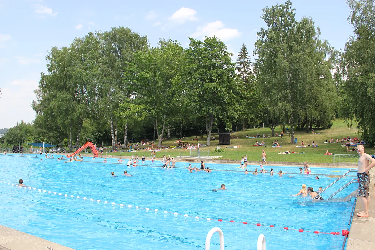 Im Schwimmerbecken tummeln sich einige Schwimmer. Ein paar Badegäste sonnen sich auf der Liegewiese.