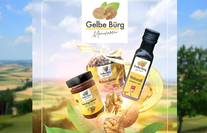 Vor dem Bild einer Walnussplantage wurden mit KI verschiedene Walnussprodukte eingefügt.