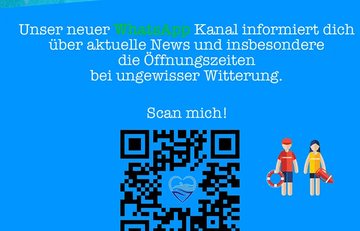 Außenansicht eines Freibads mit Rutsche und Becken. Text informiert über WhatsApp-Kanal für Neuigkeiten und Öffnungszeiten.