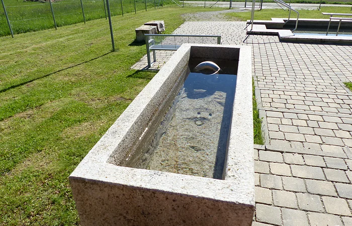 Steinbecken der Kneippanlage in Monheim mit klarem Wasser auf gepflastertem Platz, im Hintergrund Wiese und Zaun.