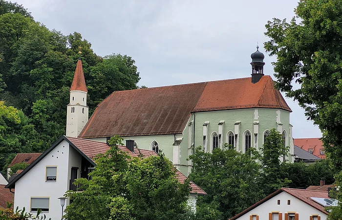 Die Franziskanerkirche in hellgrün ist umgeben von grünen Bäumen und Häusern.