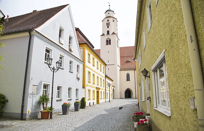 Ansicht einer alten Innenstadt mit bunten Häusern und einem Kirchturm im Hintergrund. Vor einigen Häusern stehen Pflanzgefäße und eine kleine Katze läuft auf der Straße.