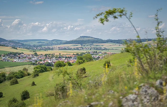 Landschaft mit grünen Hügeln, einem Dorf im Tal und einem bewaldeten Hügel im Hintergrund unter blauem Himmel.