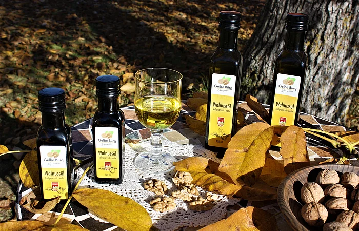 Flaschen mit Walnussöl, ein Glas Öl, Walnüsse und Herbstblätter auf einem Tisch im Freien.
