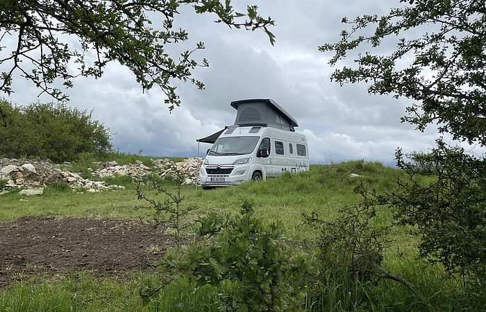 Ein Wohnmobil mit ausgefahrenem Dach steht auf einer Wiese, umgeben von Bäumen und Steinen.