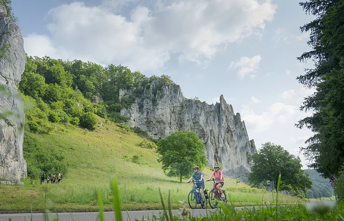 Zwei Personen fahren mit Fahrrädern auf einer Straße vor einer Felsformation und Bäumen.