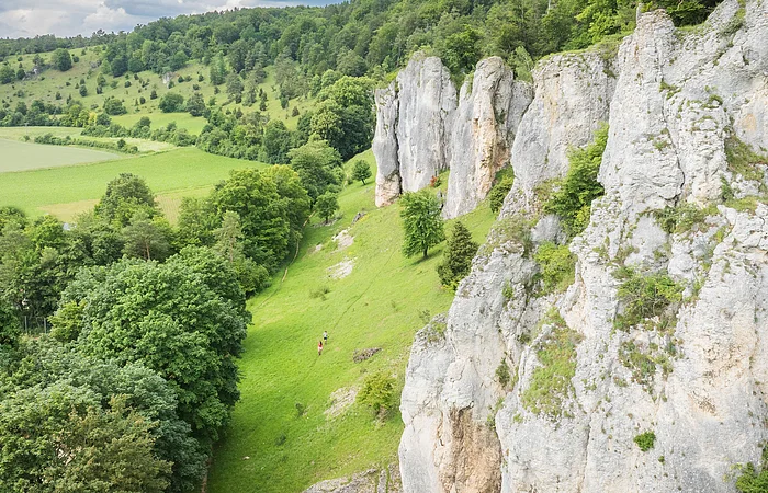 Felsformationen und grüne Landschaft mit Bäumen und Wiesen im Vordergrund.