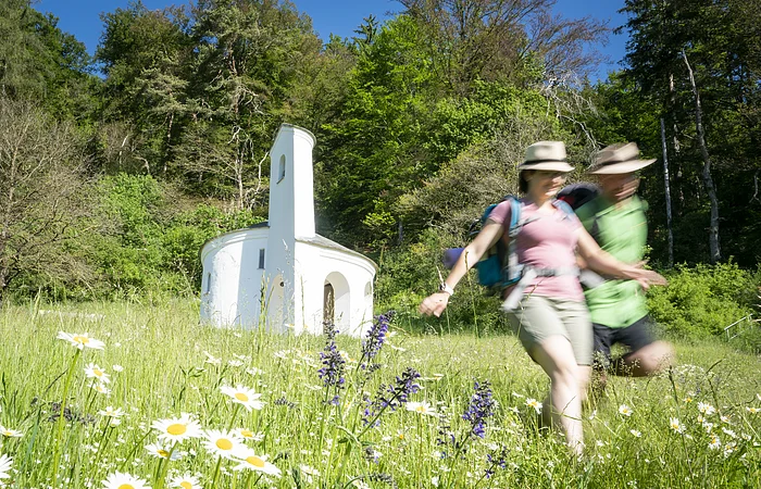 Zwei Personen wandern auf einer Wiese mit Blumen vor einer kleinen weißen Kapelle im Wald.