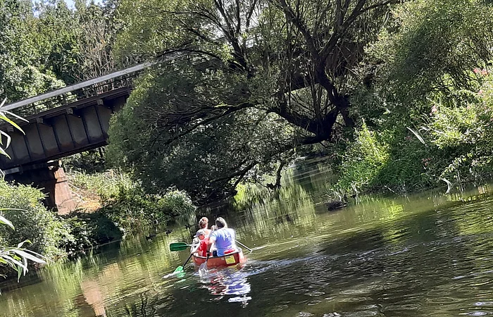 Zwei Personen paddeln in einem Kanu auf einem Fluss, umgeben von Bäumen, unter einer Brücke.