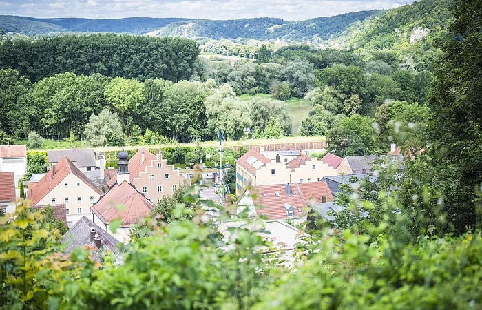 Blick auf eine kleine Stadt mit roten Dächern, umgeben von Bäumen und Hügeln im Hintergrund.