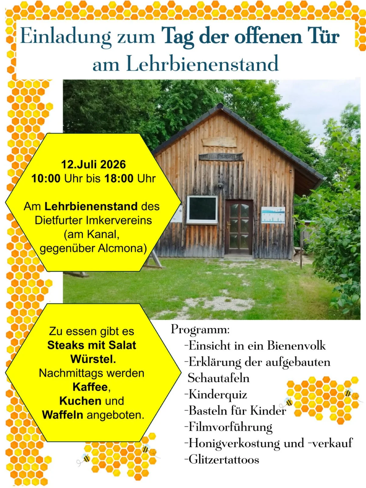 Außenansicht Lehrbienenstand mit Programmbeschreibung für den Tag der offenen Tür am 12. Juli 2025 von 10 - 18 Uhr