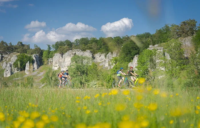 Vier Radfahrer fahren auf einem Weg vor bewaldeten Felsen unter blauem Himmel mit Wolken.