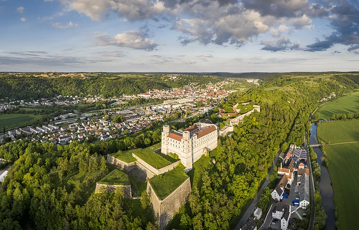 Panoramablick auf eine Burg auf einem bewaldeten Hügel mit Stadt und Fluss im Hintergrund bei Tageslicht