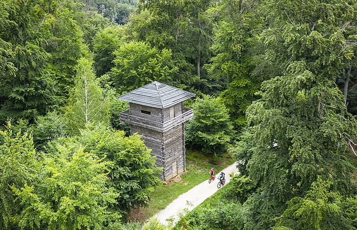 Holzturm neben einem Waldweg mit zwei Radfahrern, umgeben von dichtem grünem Laubwald.