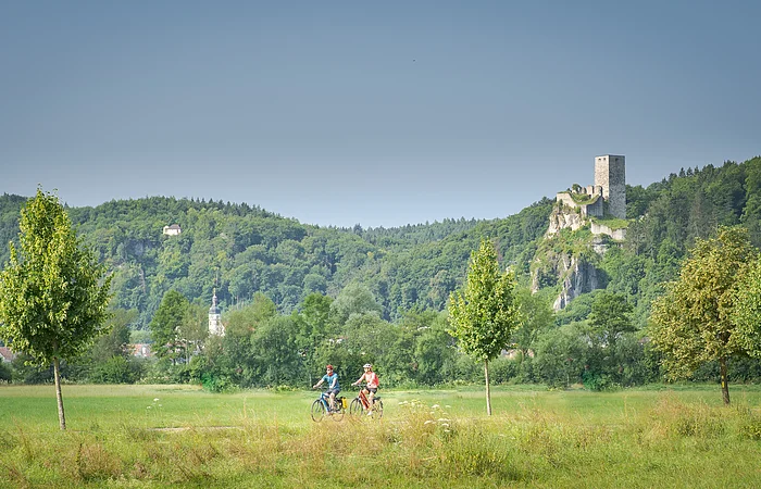 Zwei Radfahrer auf einem Weg vor grüner Wiese, Bäumen und bewaldetem Hügel mit Burgruine im Hintergrund.
