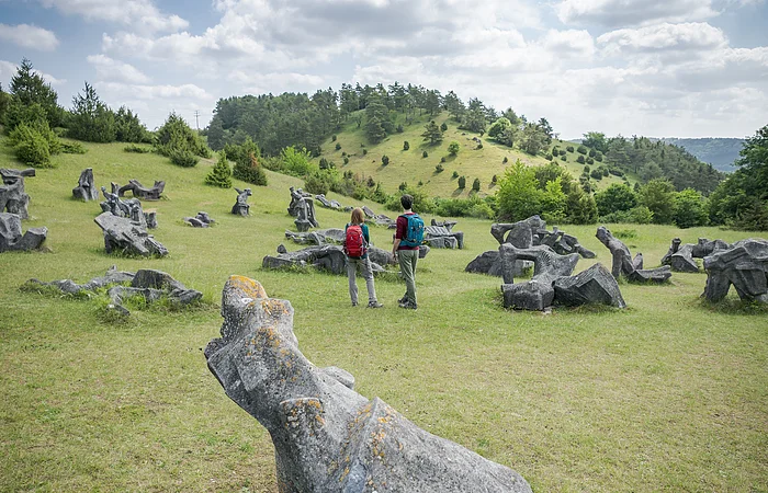 Zwei Personen mit Rucksäcken stehen auf einer Wiese mit verstreuten großen Steinfiguren unter bewölktem Himmel.