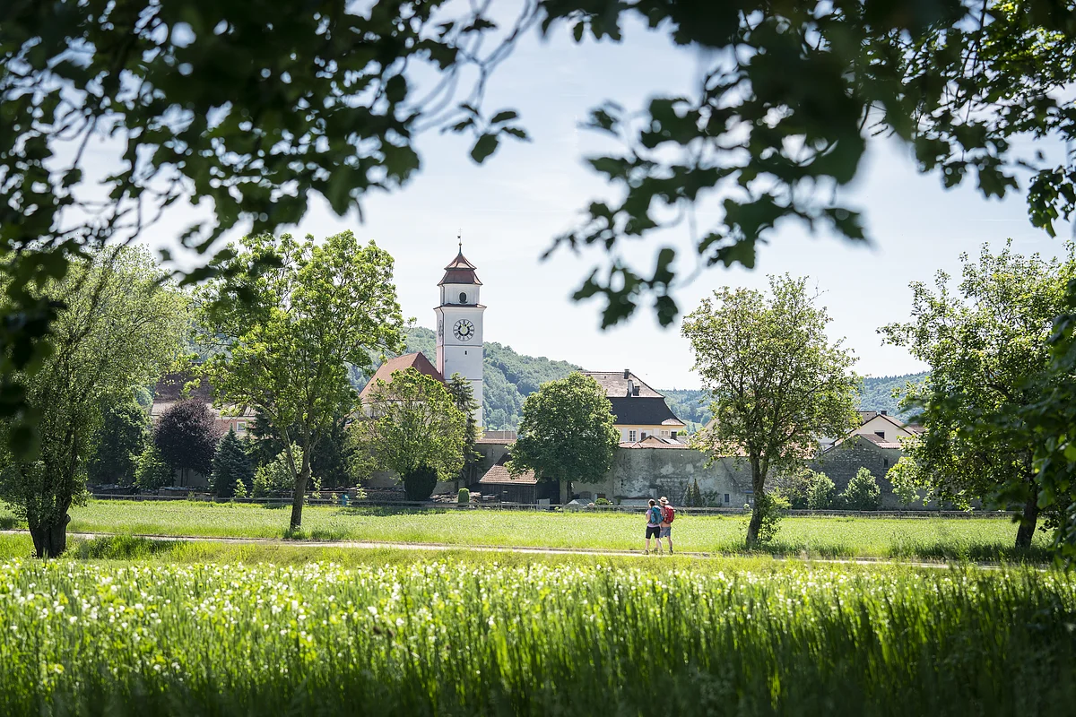 Zwei Personen gehen auf einem Weg durch eine grüne Wiese, im Hintergrund ein Kirchturm und Bäume.