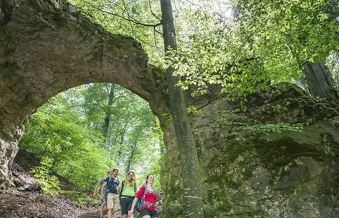 Vier Wanderer gehen einen Waldweg mit Steintreppe unter einem natürlichen Felsbogen hinab.