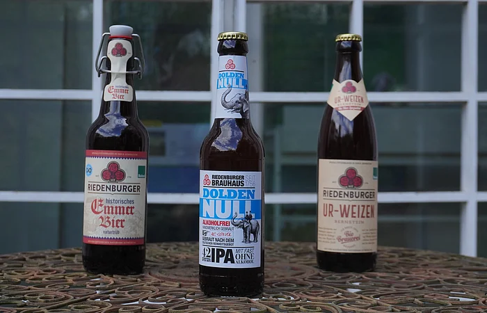 Drei Bierflaschen auf einem Tisch vor einem Fenster, jeweils mit unterschiedlichen Etiketten.