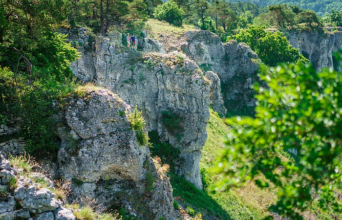 Felsklippen mit Vegetation und zwei Wanderern auf einem Pfad im Wald bei Sonnenschein.