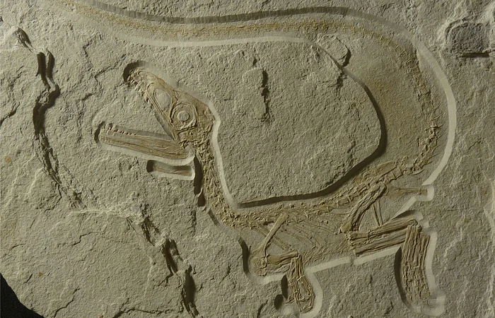 Fossil eines kleinen Dinosauriers mit langem Schwanz und geöffnetem Maul in einem Stein eingebettet.