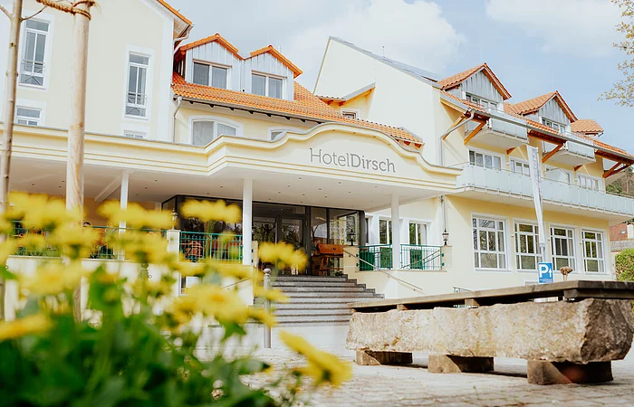Eingangsbereich des Hotels Dirsch mit Stufen und gelben Blumen im Vordergrund bei Tageslicht.