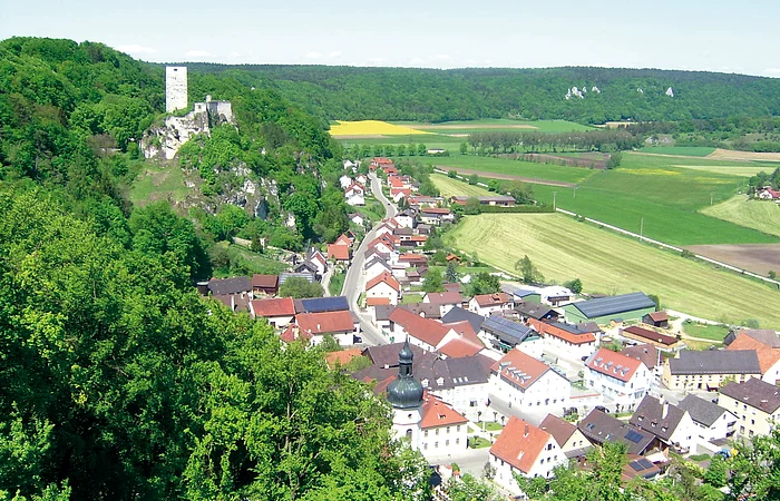 Blick auf ein Dorf mit Kirche und Burgruine auf bewaldetem Hügel, umgeben von Feldern und Wiesen.