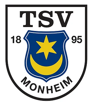 Logo des TSV Monheim: ein Wappen mit Schriftzug TSV Monheim, Jahreszahl 1895, blaues Schild mit gelbem Stern und Halbmond.