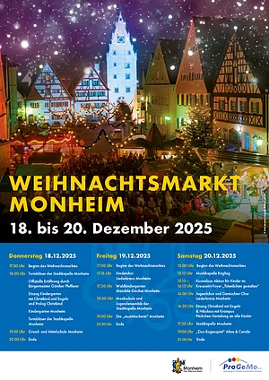 Weihnachtsmarkt in Monheim mit festlich beleuchteten Fachwerkhäusern und Veranstaltungsterminen vom 18. bis 20. Dezember 2025