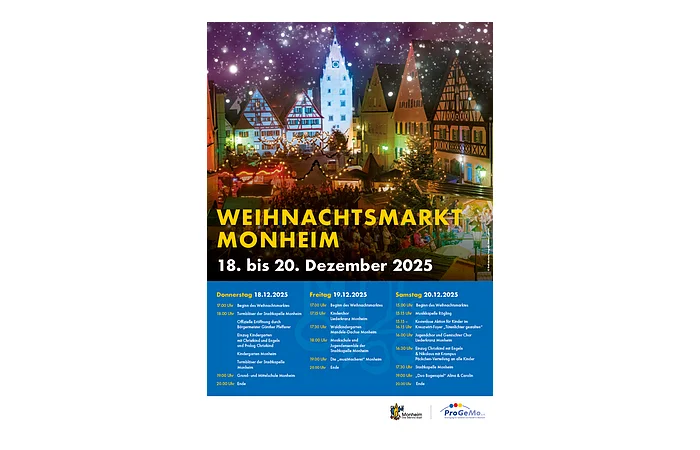 Weihnachtsmarkt in Monheim mit festlich beleuchteten Fachwerkhäusern und Veranstaltungsterminen vom 18. bis 20. Dezember 2025